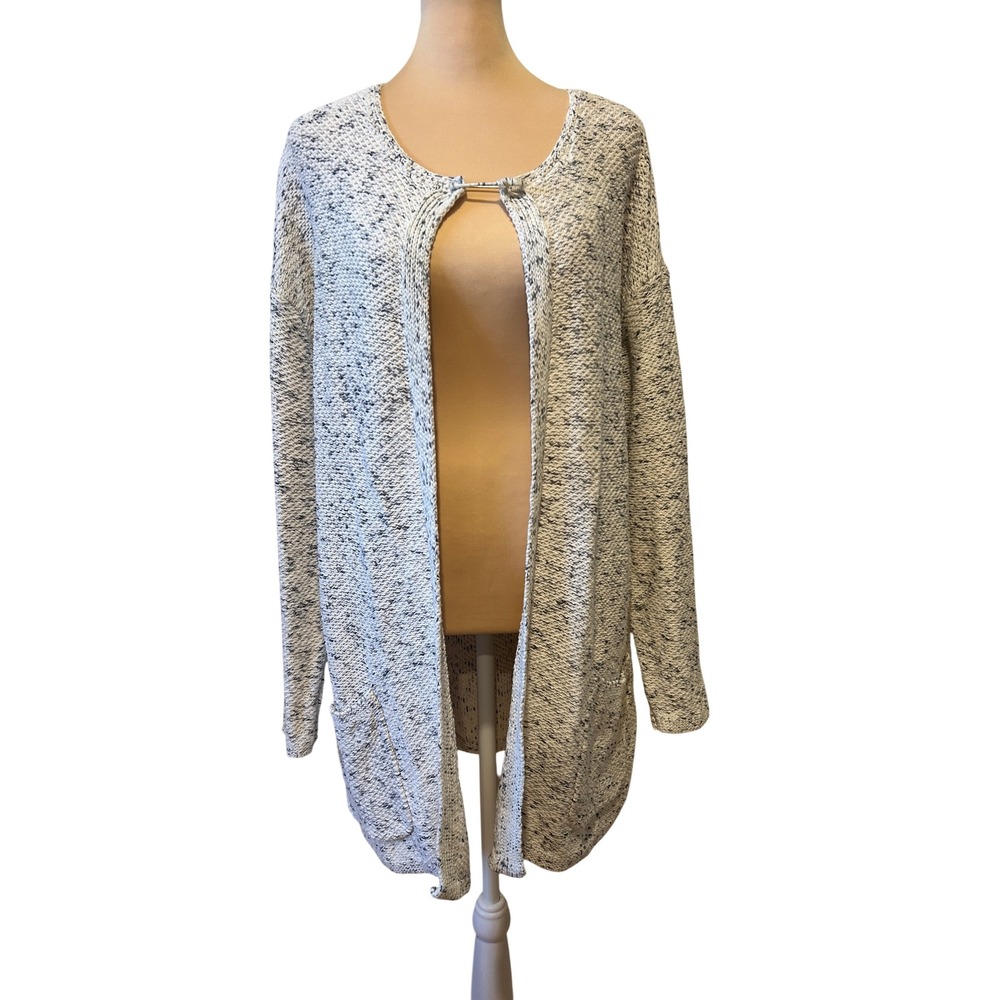 Pure Jill Women Cardigan XL White Gray Marled Cotton Open Front Pocket Sweater
